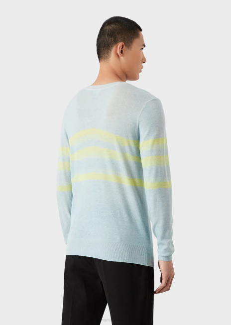 bărbați R802G1215 pulover din cașmir pur cu dungi de acuarelă Armani azur