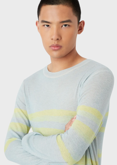 bărbați R802G1215 pulover din cașmir pur cu dungi de acuarelă Armani azur