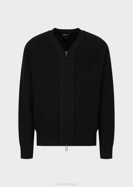 bărbați R802G1220 Cardigan englezesc cu decolteu în V din coastă, cu fermoar, dintr-un amestec de lână Armani albastru marin