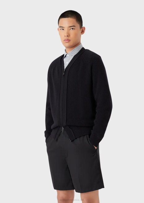 bărbați R802G1220 Cardigan englezesc cu decolteu în V din coastă, cu fermoar, dintr-un amestec de lână Armani albastru marin