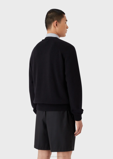 bărbați R802G1220 Cardigan englezesc cu decolteu în V din coastă, cu fermoar, dintr-un amestec de lână Armani albastru marin