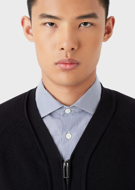 bărbați R802G1220 Cardigan englezesc cu decolteu în V din coastă, cu fermoar, dintr-un amestec de lână Armani albastru marin