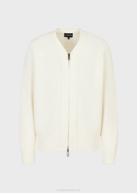 bărbați R802G1221 Cardigan englezesc cu decolteu în V din coastă, cu fermoar, dintr-un amestec de lână Armani alb ca laptele