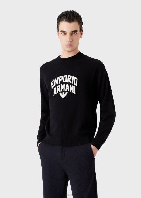 bărbați R802G1222 pulover din lână virgină cu sigla jacquard îndrăzneață Armani albastru marin