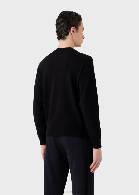 bărbați R802G1222 pulover din lână virgină cu sigla jacquard îndrăzneață Armani albastru marin