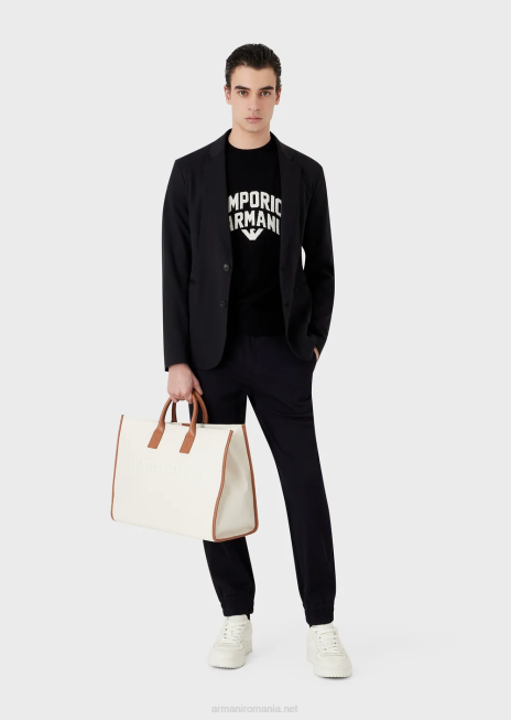 bărbați R802G1222 pulover din lână virgină cu sigla jacquard îndrăzneață Armani albastru marin