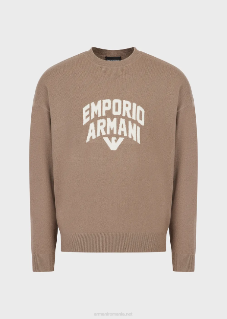 bărbați R802G1223 pulover din lână virgină cu sigla jacquard îndrăzneață Armani gri porumbel