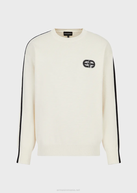 bărbați R802G1224 Pulover din material cusut cu fiecare petic și dungi contrastante Armani alb