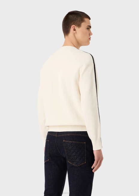 bărbați R802G1224 Pulover din material cusut cu fiecare petic și dungi contrastante Armani alb