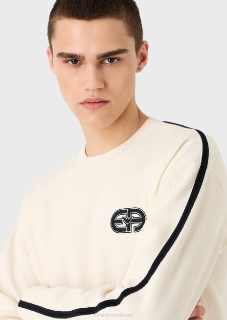 bărbați R802G1224 Pulover din material cusut cu fiecare petic și dungi contrastante Armani alb