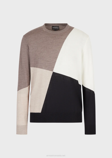 bărbați R802G1227 pulover din lână virgină cu intarsie contrastantă Armani maro