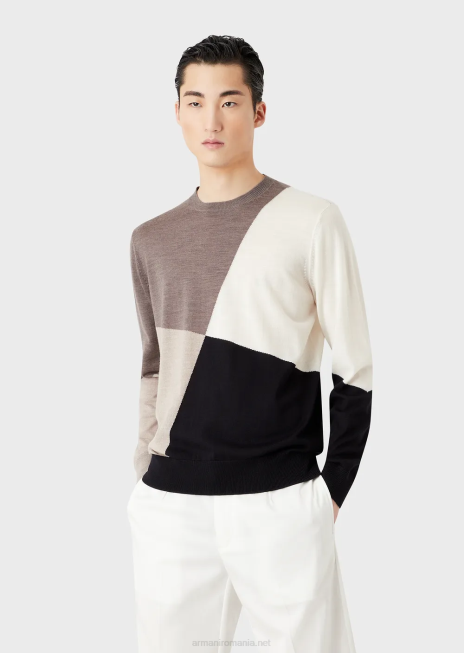 bărbați R802G1227 pulover din lână virgină cu intarsie contrastantă Armani maro