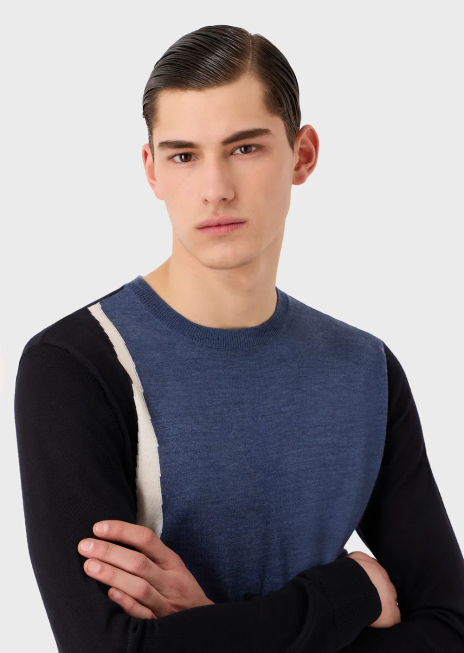 bărbați R802G1228 pulover din lână virgină cu intarsie contrastantă Armani model
