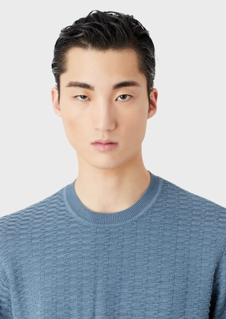 bărbați R802G1229 pulover din amestec de lână și liocell cu cusături cu model Armani avio