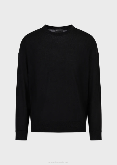 bărbați R802G1231 pulover din lână virgină cu logo supradimensionat din tricot intarsia Armani negru