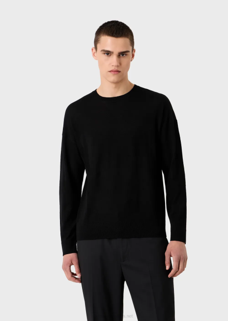 bărbați R802G1231 pulover din lână virgină cu logo supradimensionat din tricot intarsia Armani negru