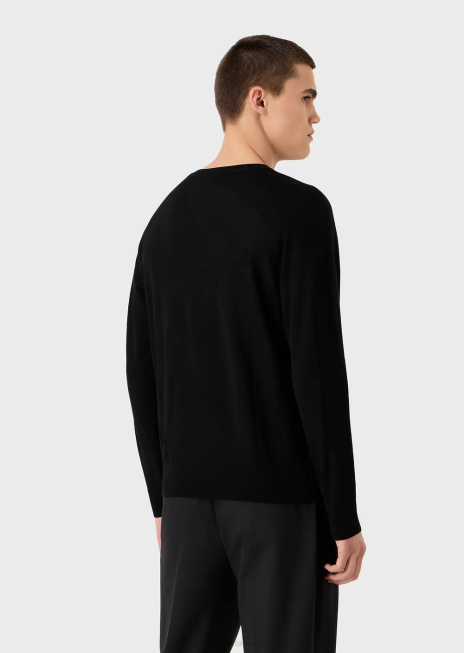 bărbați R802G1231 pulover din lână virgină cu logo supradimensionat din tricot intarsia Armani negru