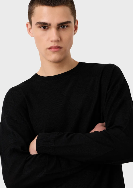 bărbați R802G1231 pulover din lână virgină cu logo supradimensionat din tricot intarsia Armani negru