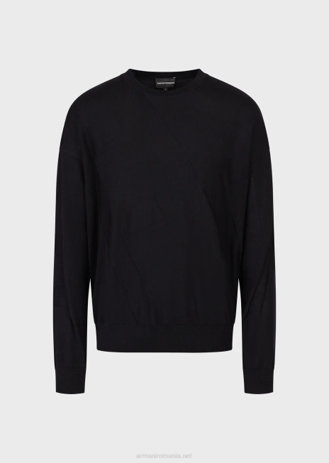 bărbați R802G1232 pulover din lână virgină cu logo supradimensionat din tricot intarsia Armani albastru marin