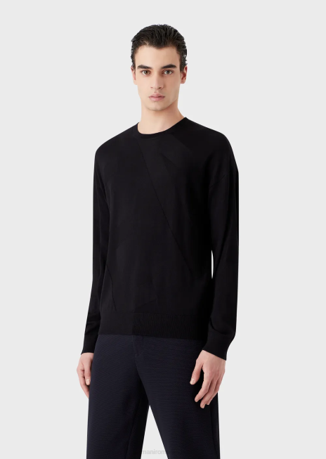 bărbați R802G1232 pulover din lână virgină cu logo supradimensionat din tricot intarsia Armani albastru marin