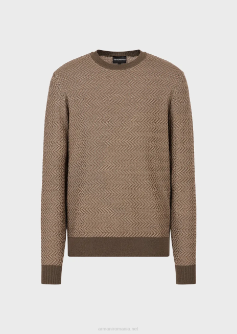 bărbați R802G1233 pulover din lână virgină cu motiv chevron jacquard Armani verde militar