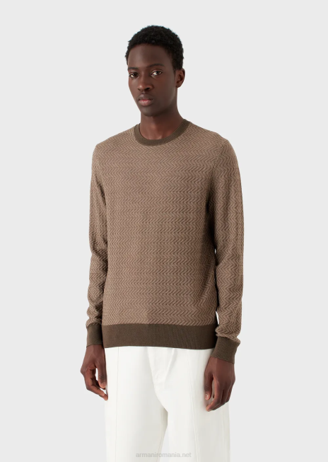 bărbați R802G1233 pulover din lână virgină cu motiv chevron jacquard Armani verde militar