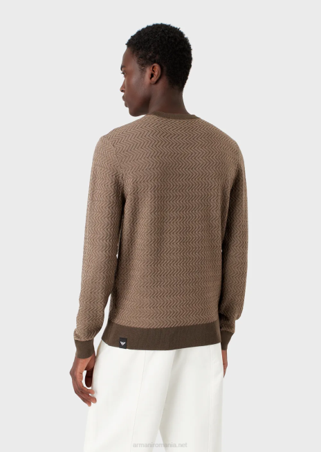 bărbați R802G1233 pulover din lână virgină cu motiv chevron jacquard Armani verde militar