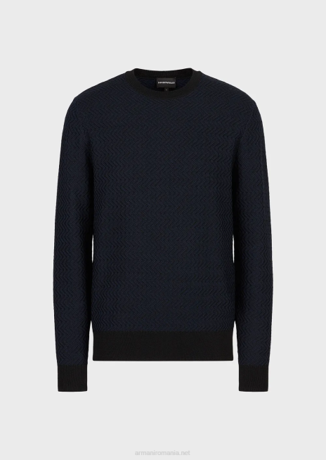 bărbați R802G1234 pulover din lână virgină cu motiv chevron jacquard Armani albastru marin