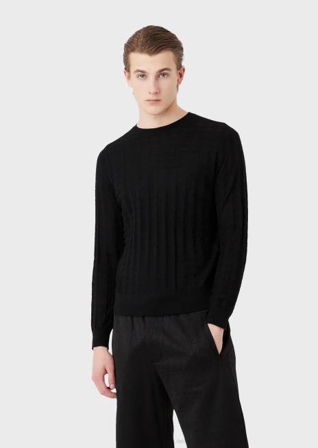 bărbați R802G1239 pulover din lână virgină cu motiv din picioare de găin Armani negru