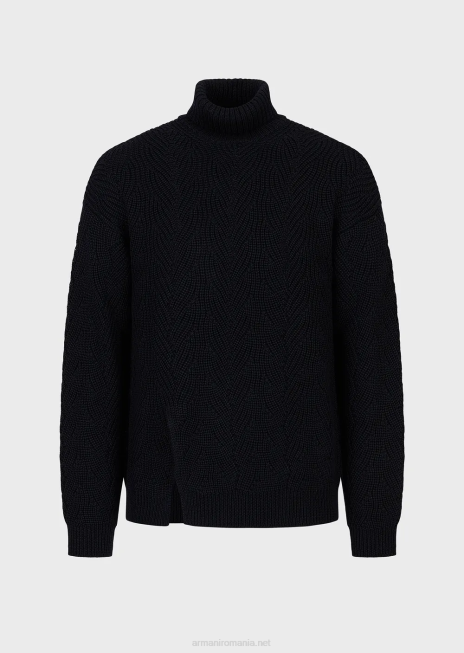 bărbați R802G1243 Decolteu englezesc tricot în coastă într-un amestec de lână virgină Armani albastru marin