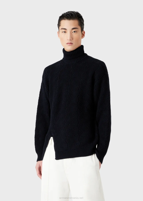 bărbați R802G1243 Decolteu englezesc tricot în coastă într-un amestec de lână virgină Armani albastru marin