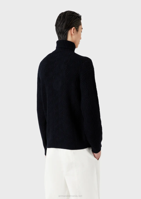 bărbați R802G1243 Decolteu englezesc tricot în coastă într-un amestec de lână virgină Armani albastru marin