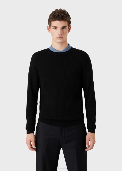 bărbați R802G1245 Pulover din pură lână virgină cu motiv jacquard geometric Armani negru