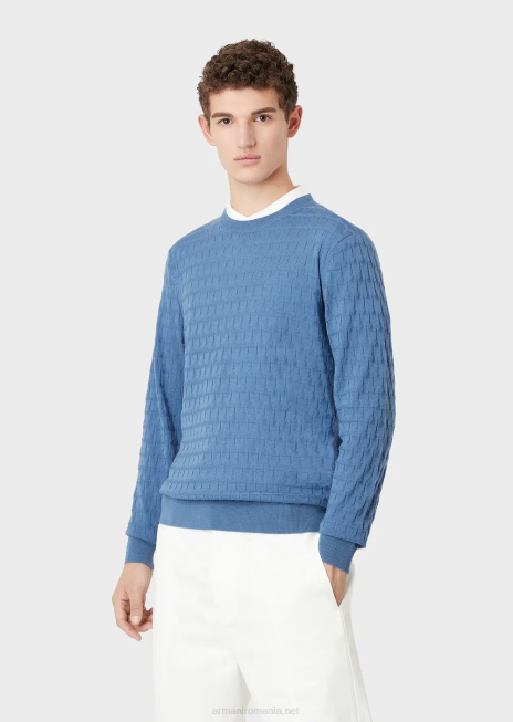 bărbați R802G1246 Pulover din pură lână virgină cu motiv jacquard geometric Armani albastru