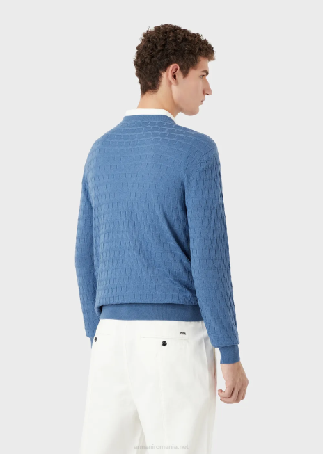 bărbați R802G1246 Pulover din pură lână virgină cu motiv jacquard geometric Armani albastru