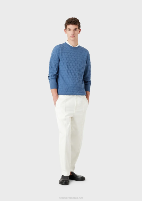 bărbați R802G1246 Pulover din pură lână virgină cu motiv jacquard geometric Armani albastru
