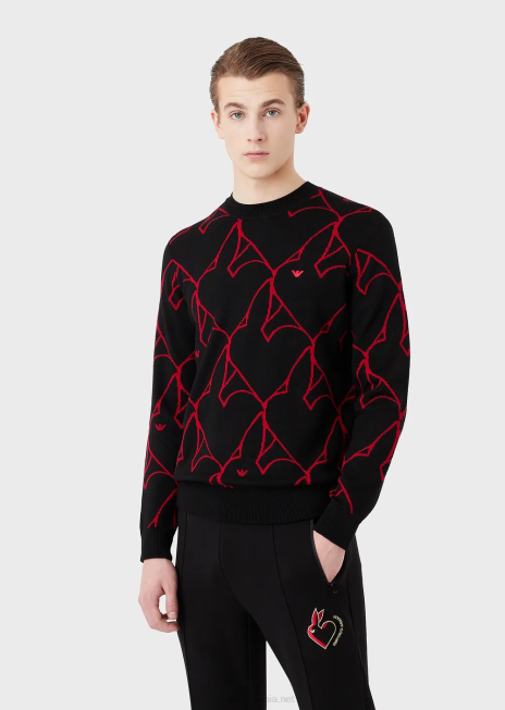 bărbați R802G1248 pulover din lână virgină cu logo-ul iepure din jacquard Armani negru