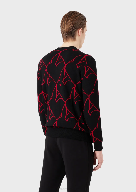 bărbați R802G1248 pulover din lână virgină cu logo-ul iepure din jacquard Armani negru