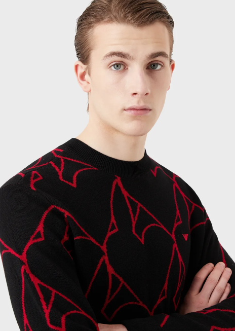 bărbați R802G1248 pulover din lână virgină cu logo-ul iepure din jacquard Armani negru