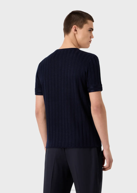 bărbați R802G1251 pulover din amestec de lână și lyocell cu coase și cusături Armani albastru marin