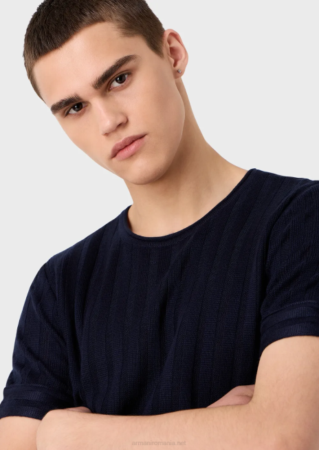 bărbați R802G1251 pulover din amestec de lână și lyocell cu coase și cusături Armani albastru marin