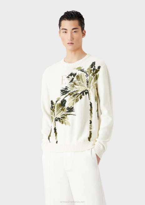 bărbați R802G1254 pulover din tricot simplu cu broderie de palmier Armani alb ca laptele