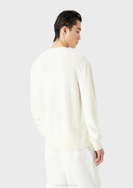 bărbați R802G1254 pulover din tricot simplu cu broderie de palmier Armani alb ca laptele
