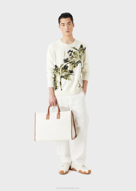 bărbați R802G1254 pulover din tricot simplu cu broderie de palmier Armani alb ca laptele