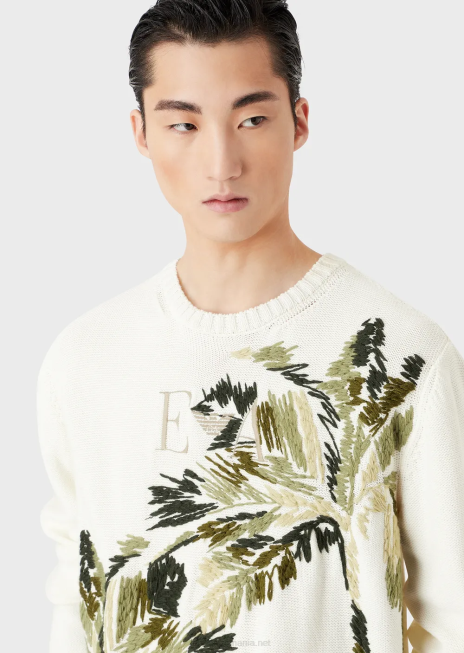 bărbați R802G1254 pulover din tricot simplu cu broderie de palmier Armani alb ca laptele