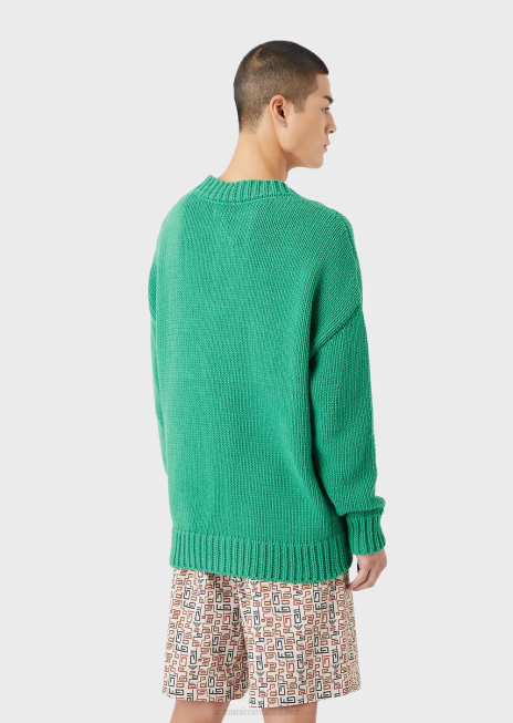 bărbați R802G1259 Pulover supradimensionat din amestec de bumbac reciclat, cu decolteu în V, cu plasture Armani verde