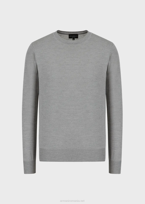 bărbați R802G1261 pulover din tricot simplu, pură lână virgină Armani gri deschis