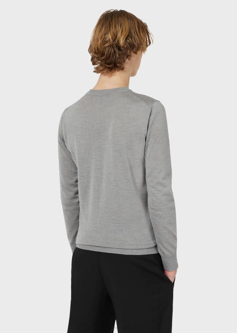 bărbați R802G1261 pulover din tricot simplu, pură lână virgină Armani gri deschis