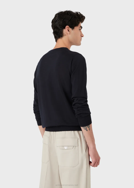 bărbați R802G1262 pulover din tricot simplu, pură lână virgină Armani albastru marin
