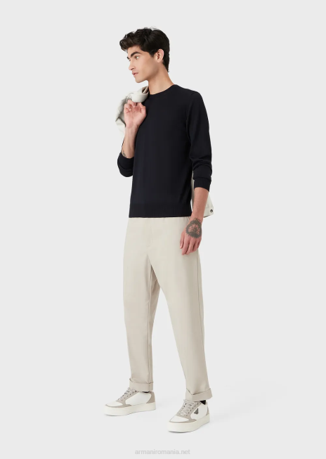 bărbați R802G1262 pulover din tricot simplu, pură lână virgină Armani albastru marin